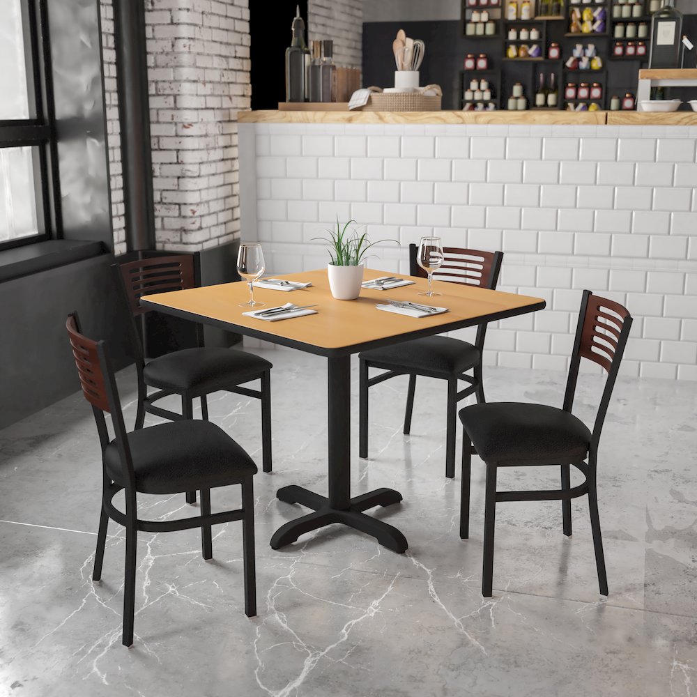 Black Slat Back Metal Restaurant Chair - Walnut Wood Back, Black Vinyl Seat