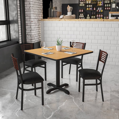 Black Slat Back Metal Restaurant Chair - Walnut Wood Back, Black Vinyl Seat