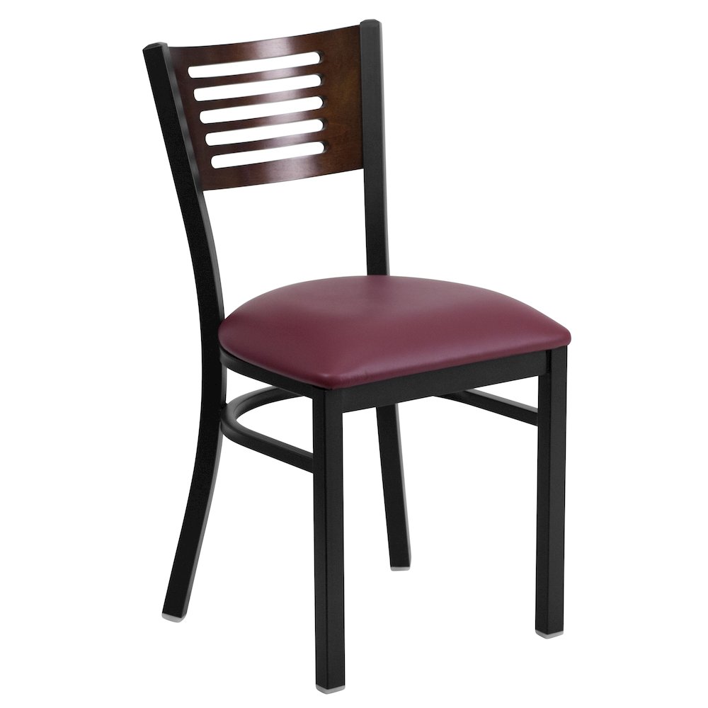 Black Slat Back Metal Restaurant Chair - Walnut Wood Back, Burgundy Vinyl Seat