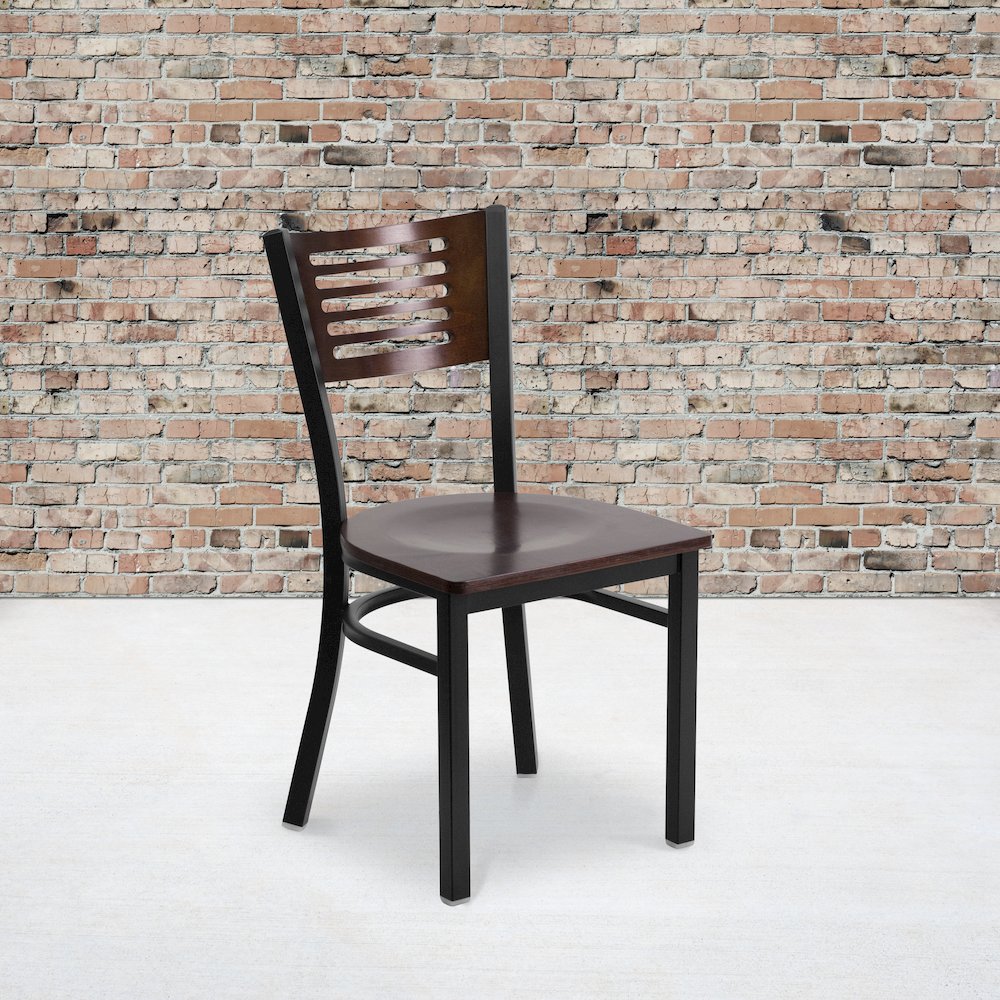 Black Slat Back Metal Restaurant Chair - Walnut Wood Back & Seat