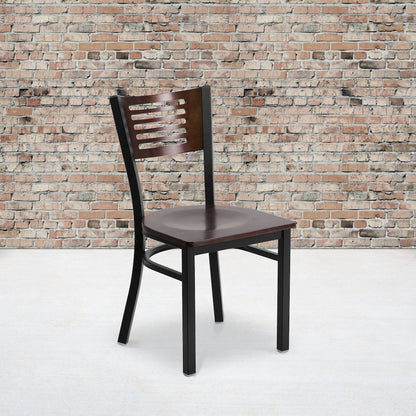 Black Slat Back Metal Restaurant Chair - Walnut Wood Back & Seat