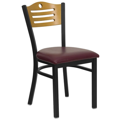 Black Slat Back Metal Restaurant Chair - Natural Wood Back, Burgundy Vinyl Seat