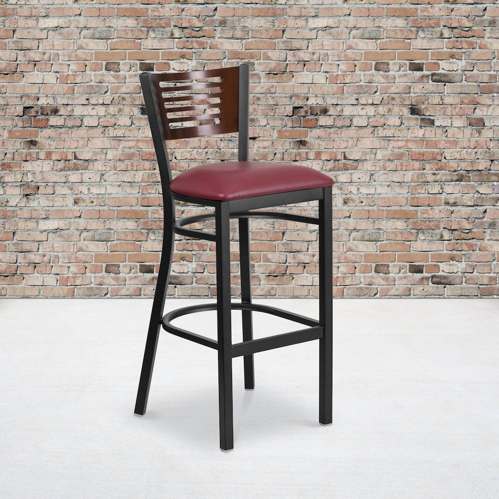 Back Metal Restaurant Barstool - Walnut Wood Back, Burgundy Vinyl Seat