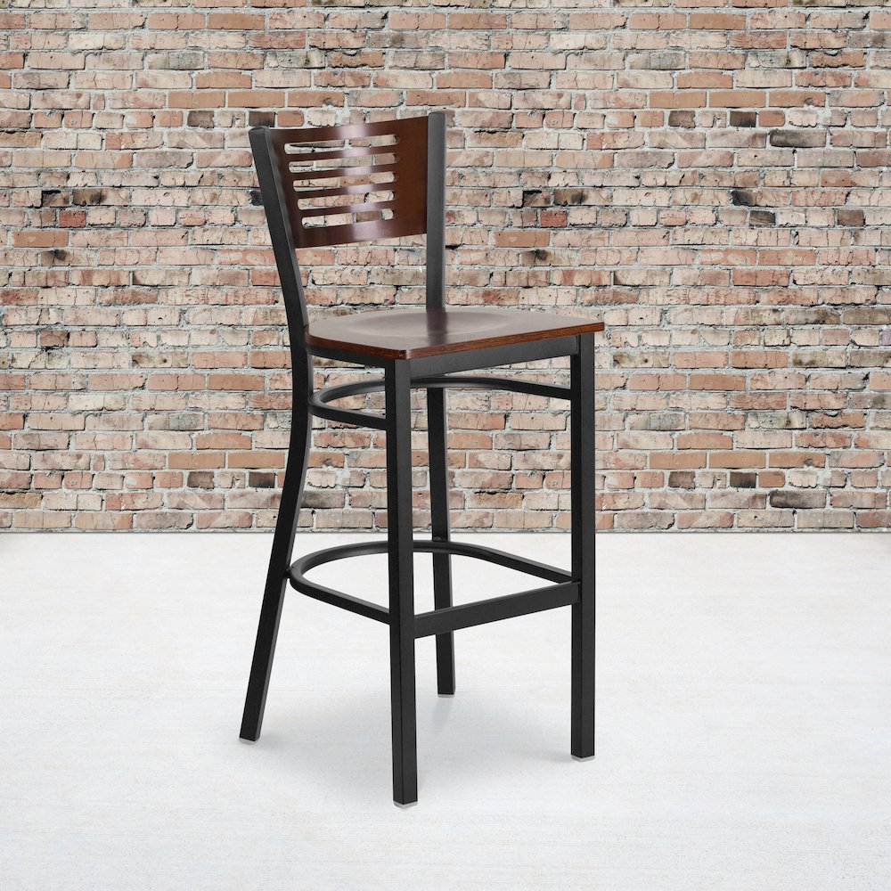 Black Slat Back Metal Restaurant Barstool - Walnut Wood Back & Seat