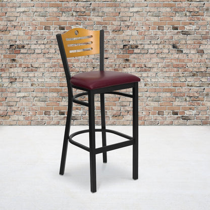 Back Metal Restaurant Barstool - Natural Wood Back, Burgundy Vinyl Seat