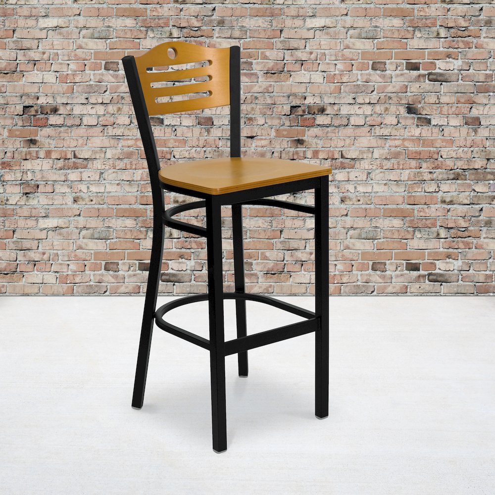 Black Slat Back Metal Restaurant Barstool - Natural Wood Back & Seat