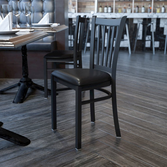 Black Vertical Back Metal Restaurant Chair - Black Vinyl Seat