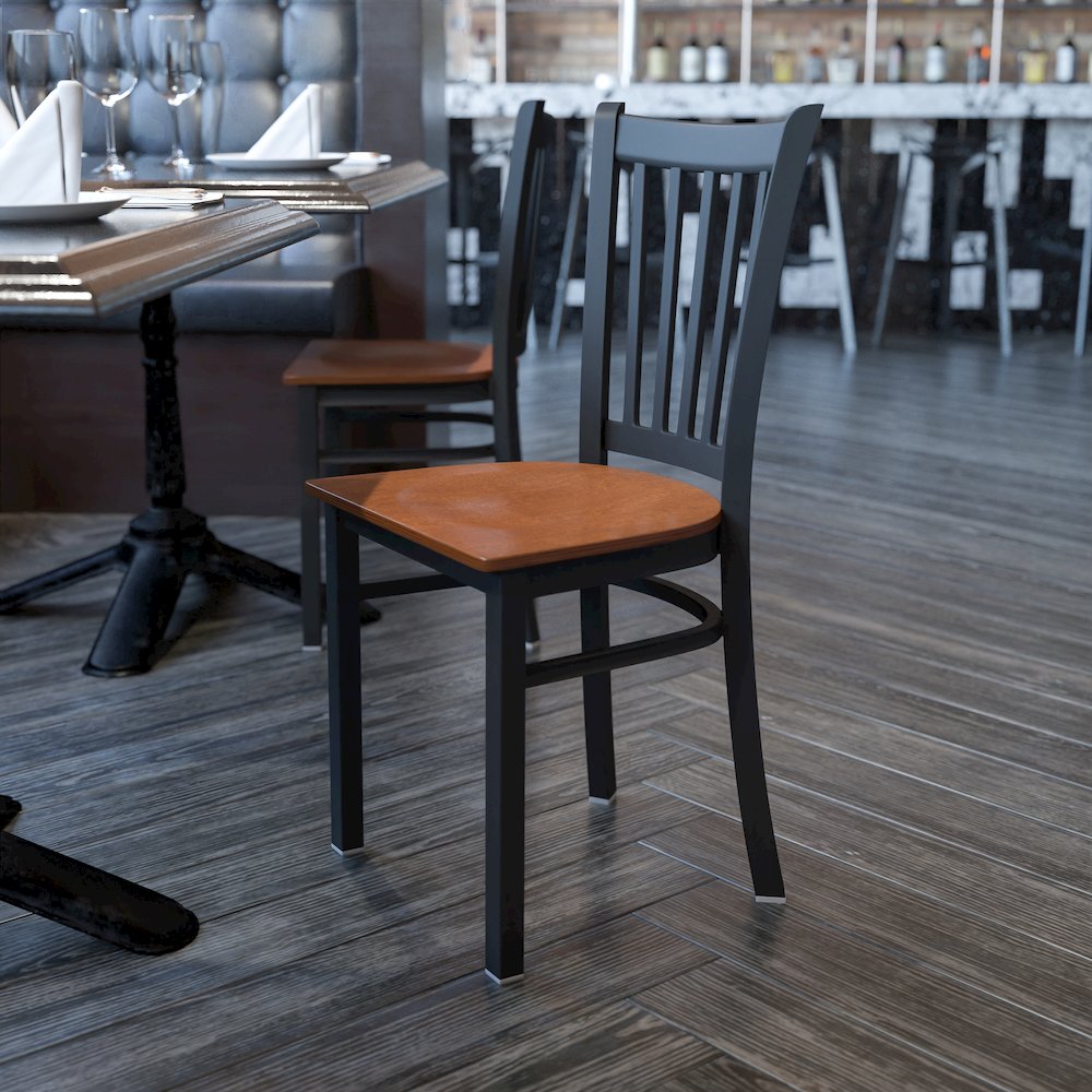 Black Vertical Back Metal Restaurant Chair - Cherry Wood Seat