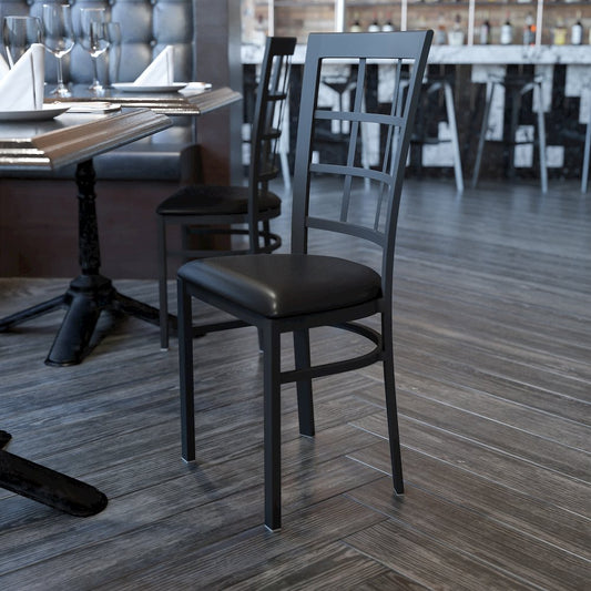 Black Window Back Metal Restaurant Chair - Black Vinyl Seat