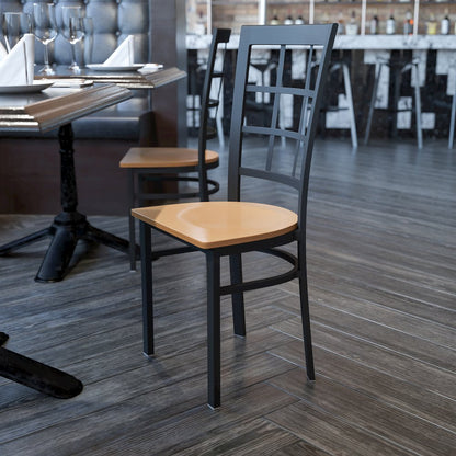 Black Window Back Metal Restaurant Chair - Natural Wood Seat