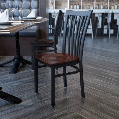 Black School House Back Metal Restaurant Chair - Walnut Wood Seat