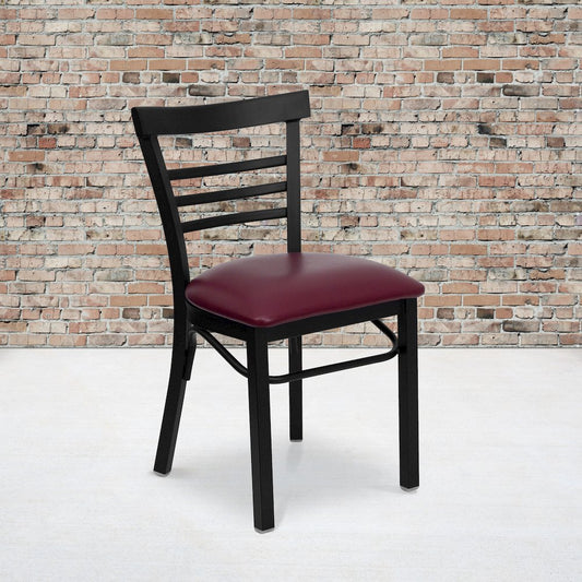 Black Three-Slat Ladder Back Metal Restaurant Chair - Burgundy Vinyl Seat