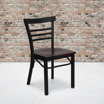 Black Three-Slat Ladder Back Metal Restaurant Chair - Mahogany Wood Seat