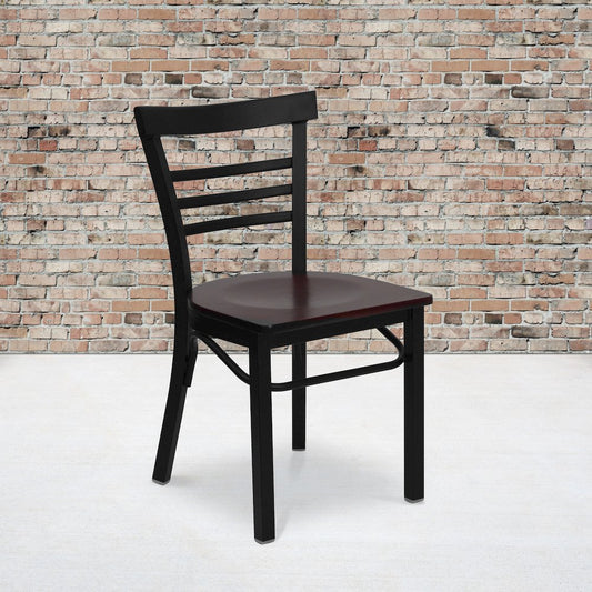 Black Three-Slat Ladder Back Metal Restaurant Chair - Mahogany Wood Seat