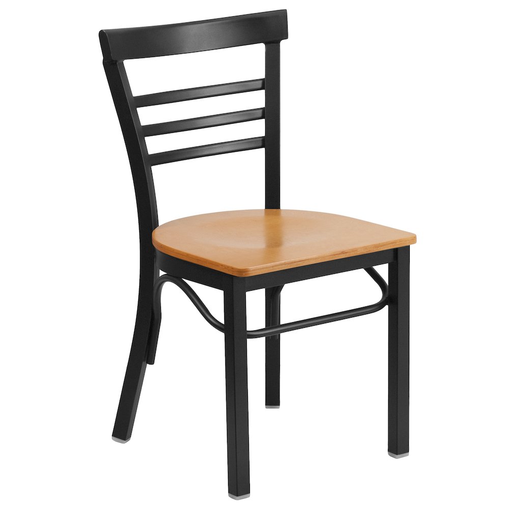 Black Three-Slat Ladder Back Metal Restaurant Chair - Natural Wood Seat