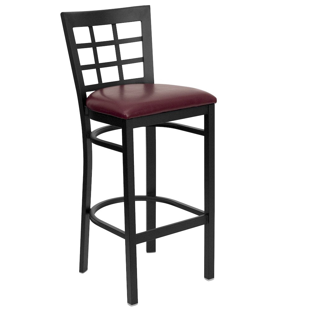 Black Window Back Metal Restaurant Barstool - Burgundy Vinyl Seat