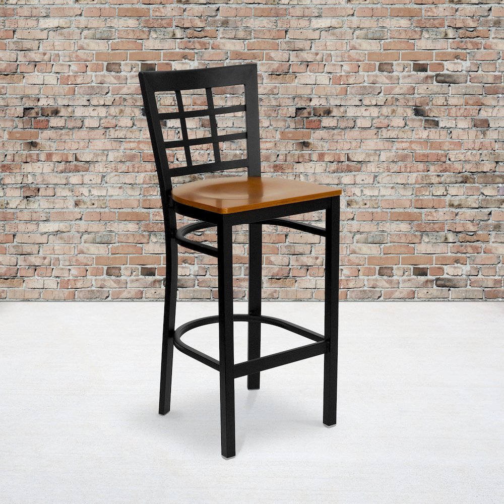 Black Window Back Metal Restaurant Barstool - Cherry Wood Seat