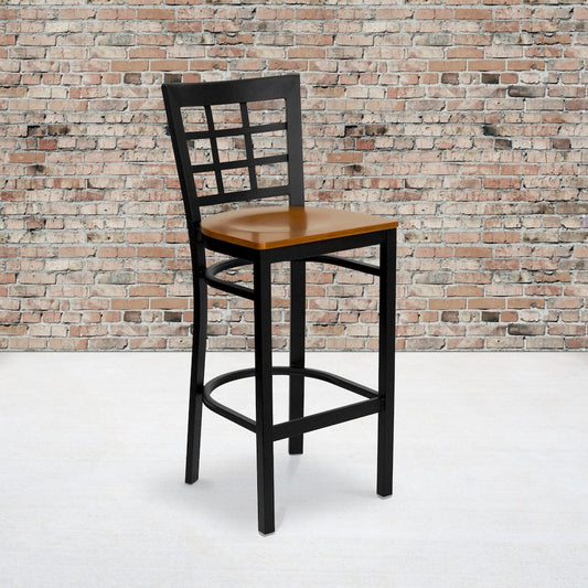 Black Window Back Metal Restaurant Barstool - Cherry Wood Seat