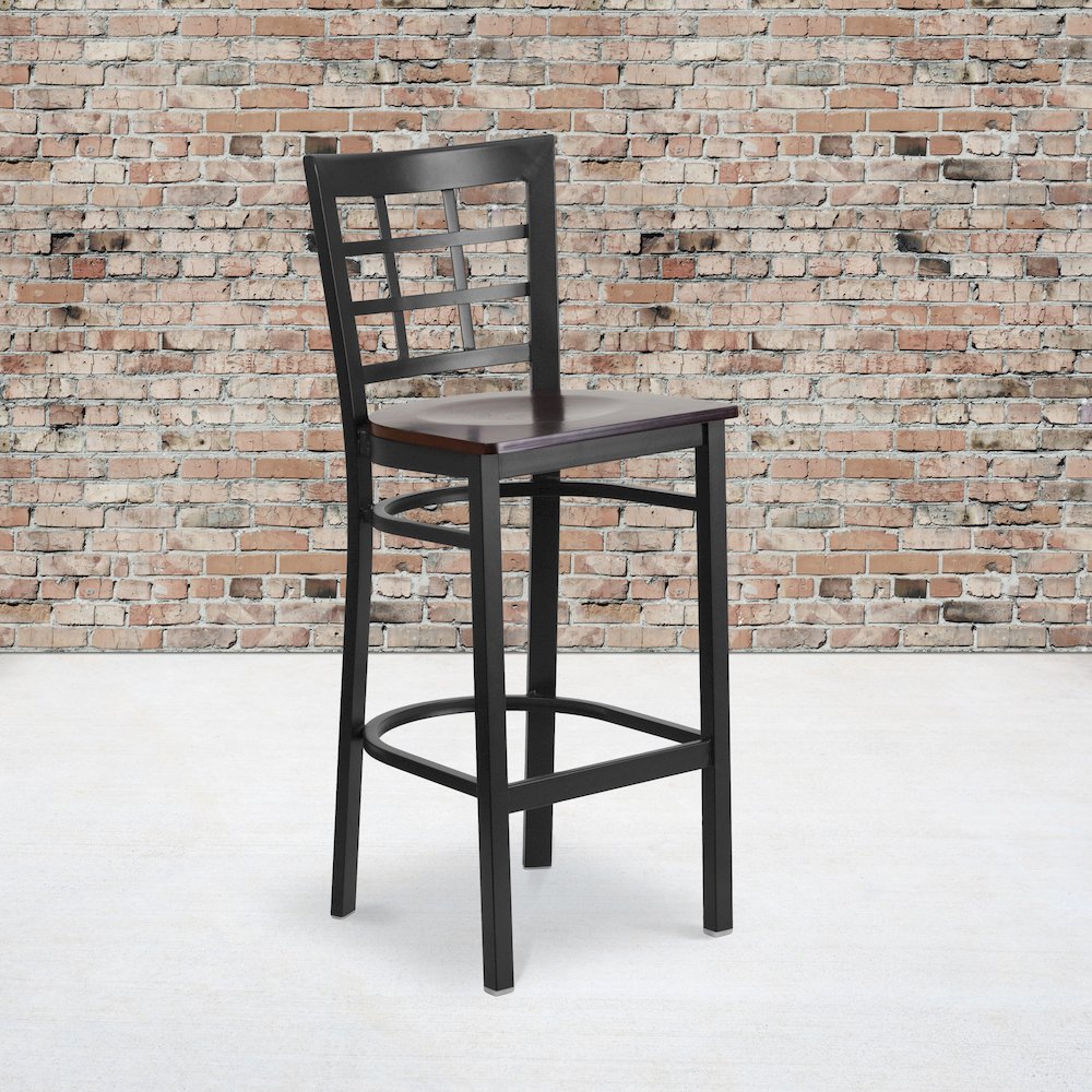 Black Window Back Metal Restaurant Barstool - Walnut Wood Seat