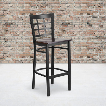 Black Window Back Metal Restaurant Barstool - Walnut Wood Seat