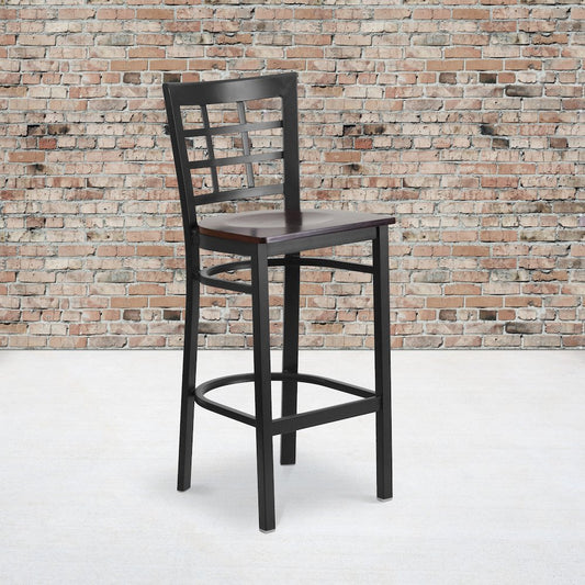Black Window Back Metal Restaurant Barstool - Walnut Wood Seat
