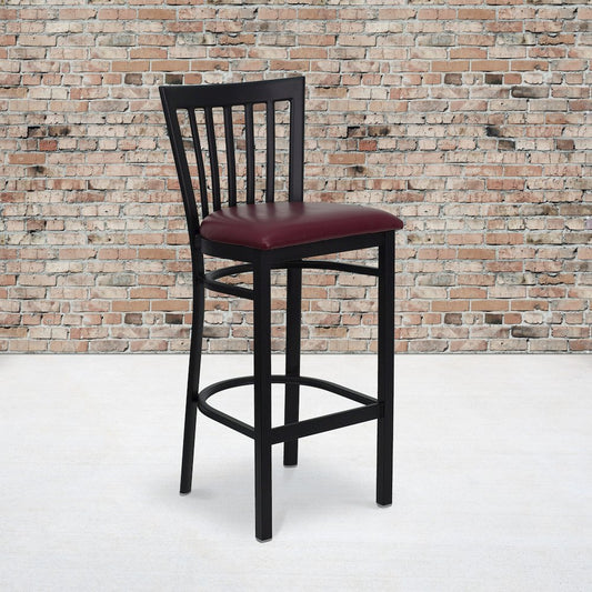 Black School House Back Metal Restaurant Barstool - Burgundy Vinyl Seat