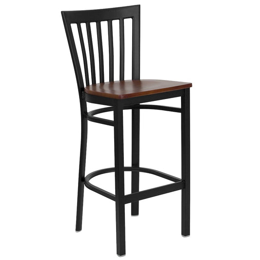 Black School House Back Metal Restaurant Barstool - Cherry Wood Seat