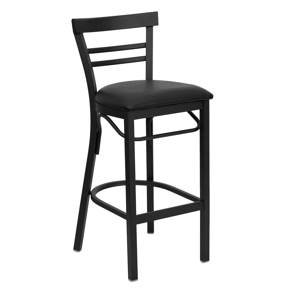 Black Two-Slat Ladder Back Metal Restaurant Barstool - Black Vinyl Seat