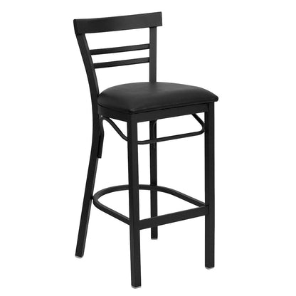 Black Two-Slat Ladder Back Metal Restaurant Barstool - Black Vinyl Seat
