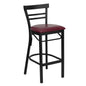 Black Two-Slat Ladder Back Metal Restaurant Barstool - Burgundy Vinyl Seat