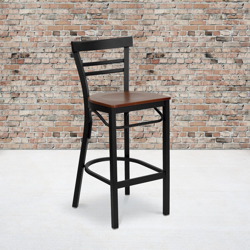 Black Two-Slat Ladder Back Metal Restaurant Barstool - Cherry Wood Seat