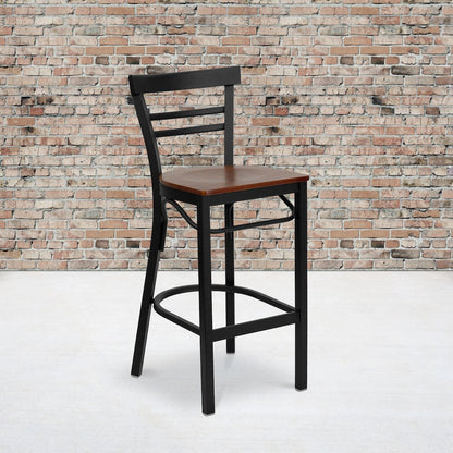 Black Two-Slat Ladder Back Metal Restaurant Barstool - Cherry Wood Seat