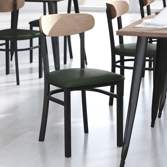 Dining Chair, Natural Birch Finish Wooden Boomerang Back, and Green Vinyl Seat