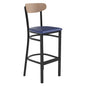 Barstool, Natural Birch Finish Wooden Boomerang Back, and Blue Vinyl Seat