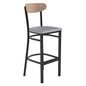 Commercial Bar Stool with Vinyl Upholstered Seat and Wood Boomerang Back