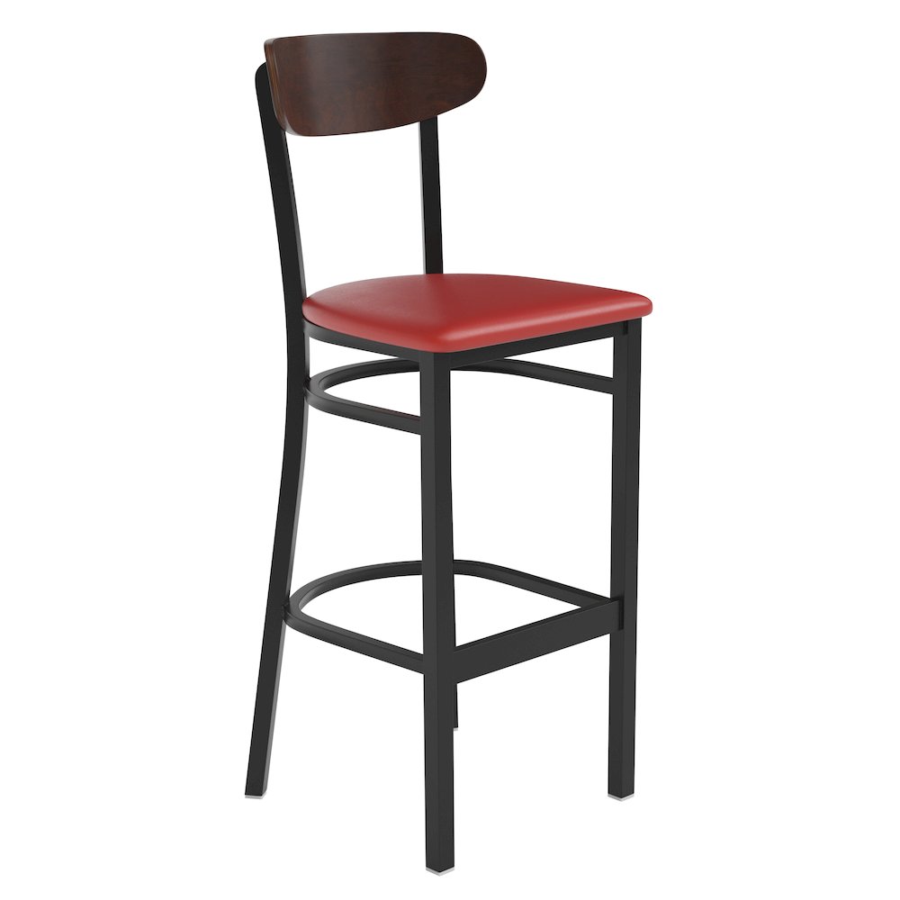 Barstool, Wooden Boomerang Back, and Red Vinyl Seat