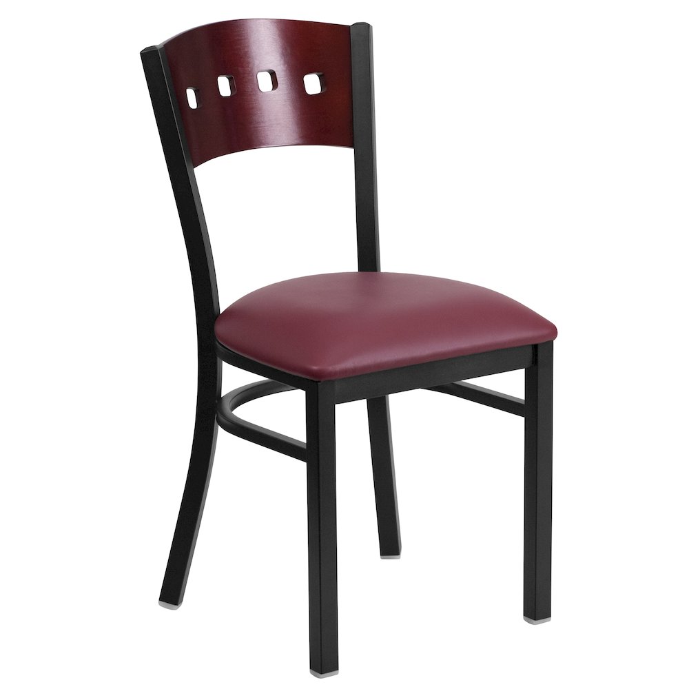 Black 4 Back Metal Restaurant Chair - Mahogany Wood Back, Burgundy Vinyl Seat