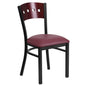 Black 4 Back Metal Restaurant Chair - Mahogany Wood Back, Burgundy Vinyl Seat