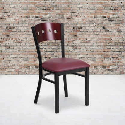 Black 4 Back Metal Restaurant Chair - Mahogany Wood Back, Burgundy Vinyl Seat