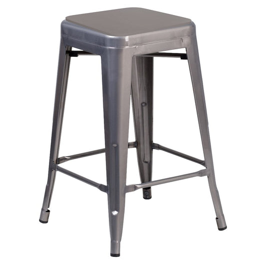 24" Silver Antique Finish with Clear Coat Metal Backless Counter Height Stool