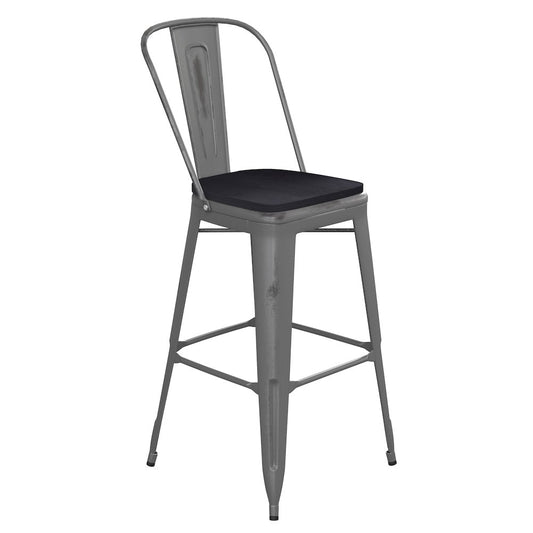 30'' High Clear Coated Indoor Barstool with Back and Black Poly Resin Wood Seat