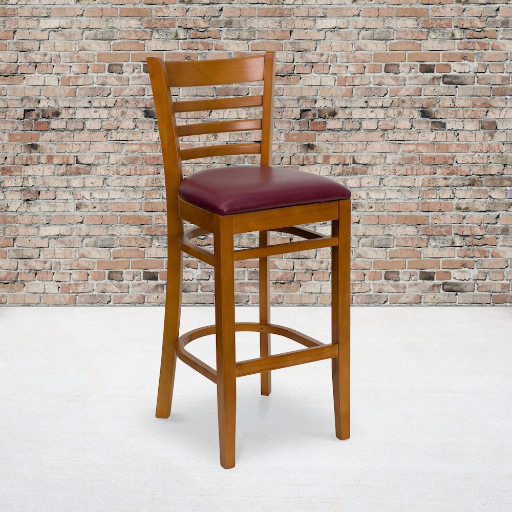 Ladder Back Cherry Wood Restaurant Barstool - Burgundy Vinyl Seat