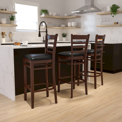 Ladder Back Mahogany Wood Restaurant Barstool - Black Vinyl Seat