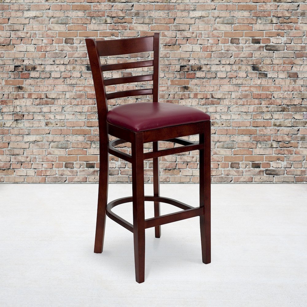 Ladder Back Mahogany Wood Restaurant Barstool - Burgundy Vinyl Seat