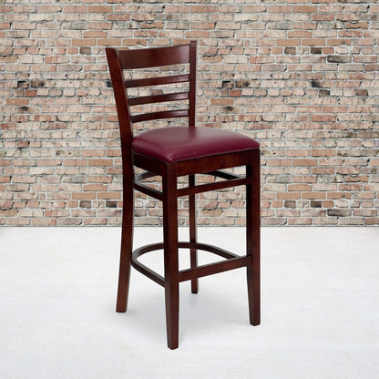 Ladder Back Mahogany Wood Restaurant Barstool - Burgundy Vinyl Seat