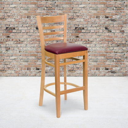 Ladder Back Natural Wood Restaurant Barstool - Burgundy Vinyl Seat