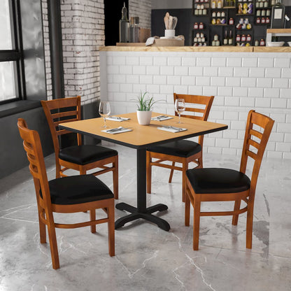 Ladder Back Cherry Wood Restaurant Chair - Black Vinyl Seat
