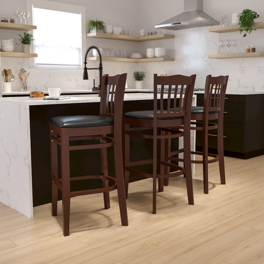 Vertical Slat Back Mahogany Wood Restaurant Barstool - Black Vinyl Seat