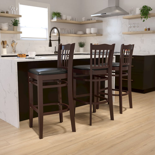 Vertical Slat Back Walnut Wood Restaurant Barstool - Black Vinyl Seat