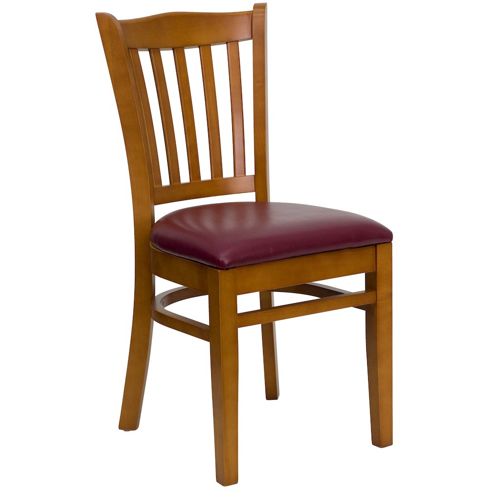Vertical Slat Back Cherry Wood Restaurant Chair - Burgundy Vinyl Seat
